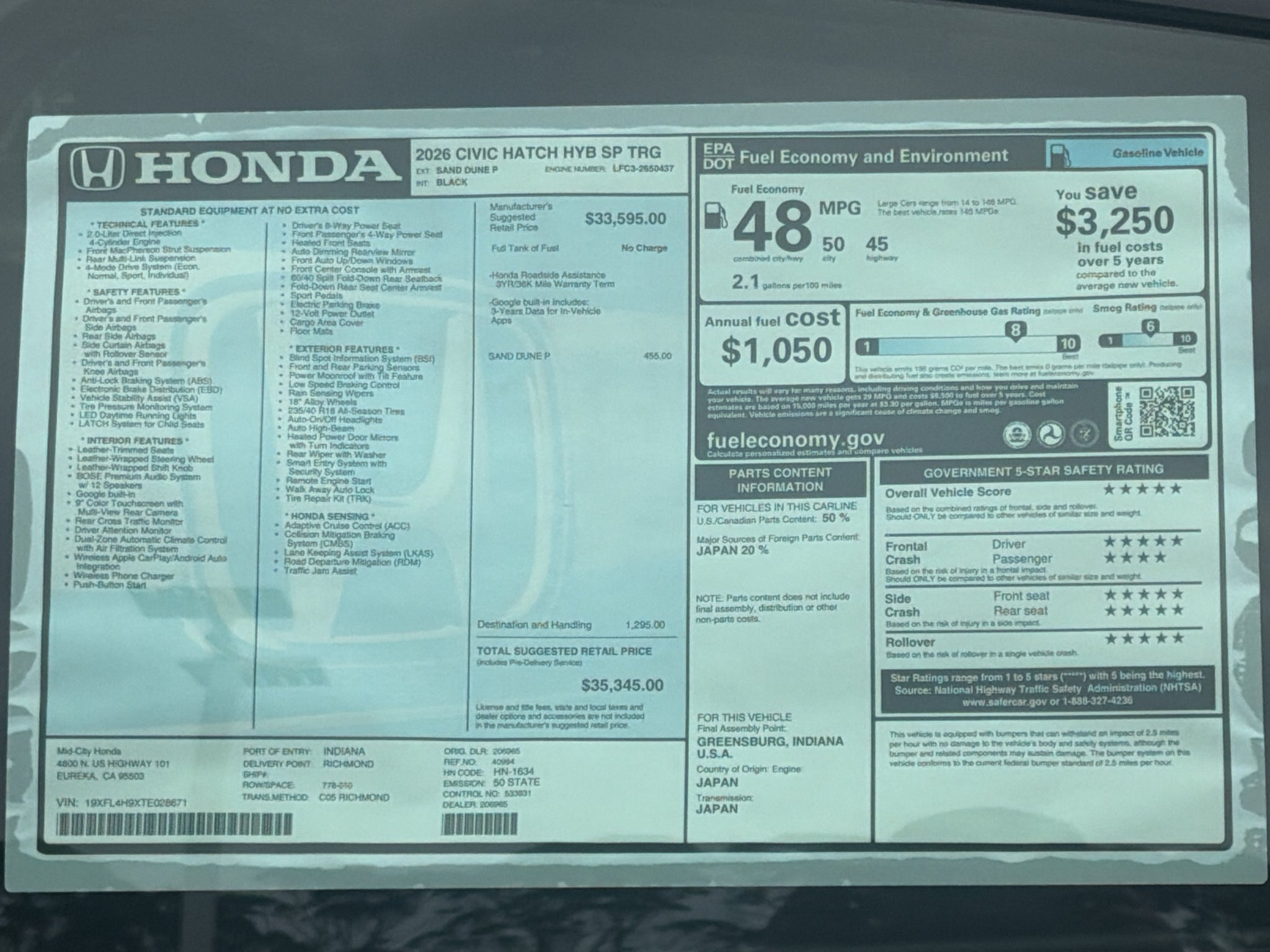 2026 Honda Civic Hybrid Sport Touring