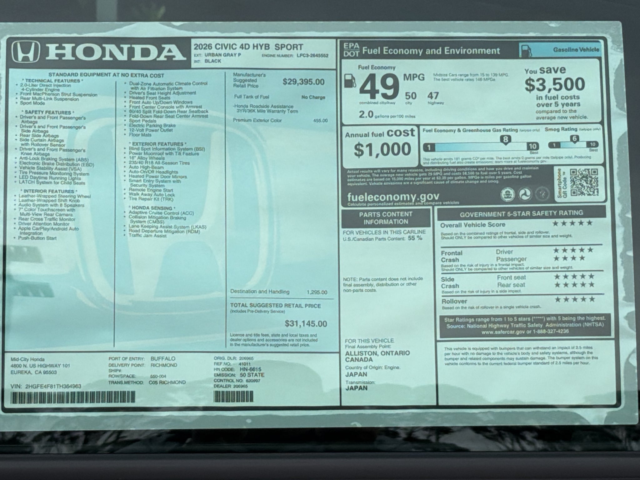 2026 Honda Civic Hybrid Sport